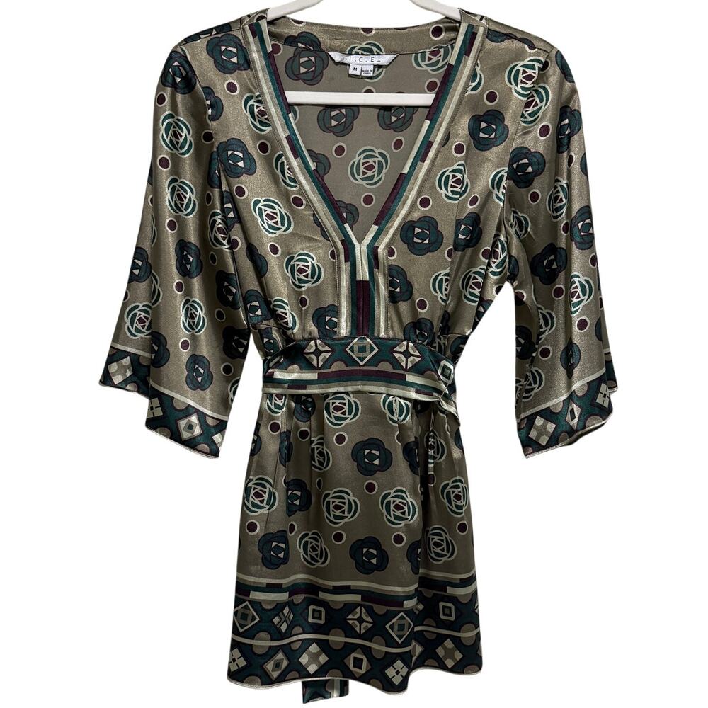 Vintage ICE Womens Y2K Satin Tunic Top M Green Indie Boho Kimono Sleeve Asian